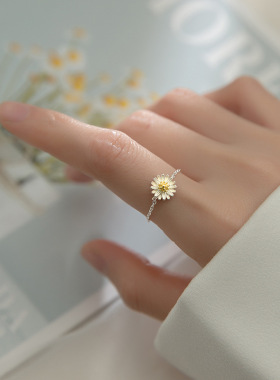 S925纯银戒指女韩版甜美小清新雏菊森系植物可调节链条手饰J8770