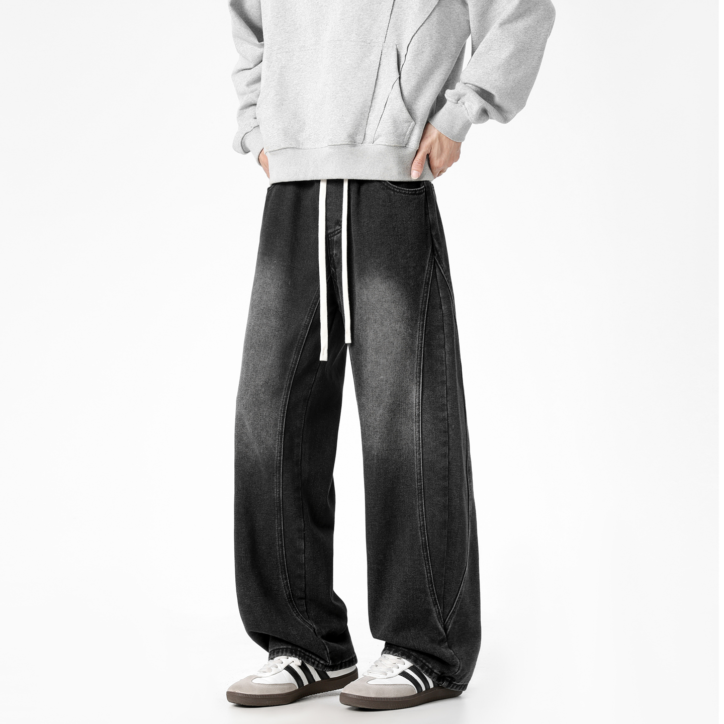 拼接工装牛仔裤男显瘦直筒阔腿裤