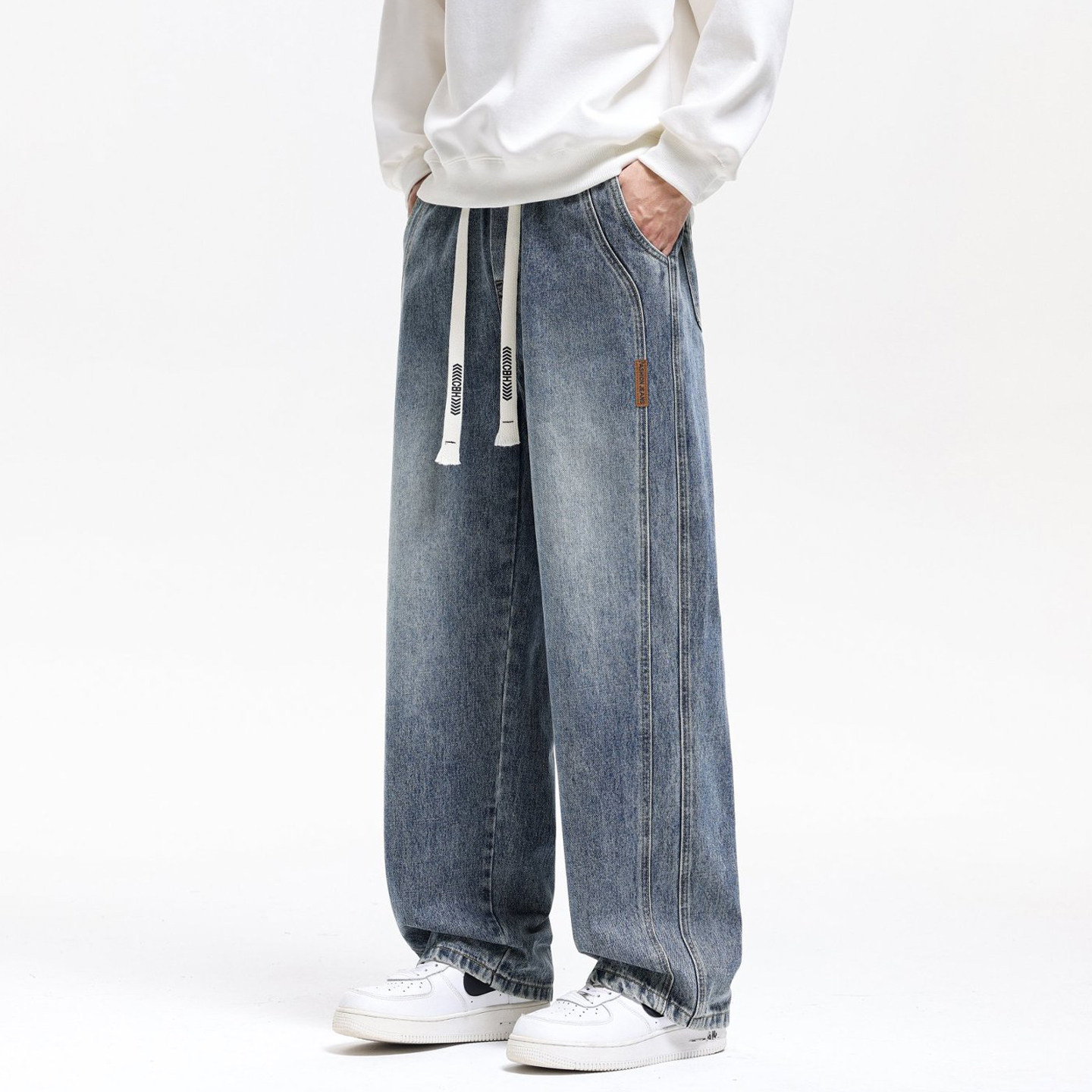复古蓝阔腿牛仔裤男士春秋2026新款抽绳裤子宽松显瘦垂感直筒长裤,男装,牛仔裤,淘宝优惠券,粉丝福利购,淘宝优惠卷