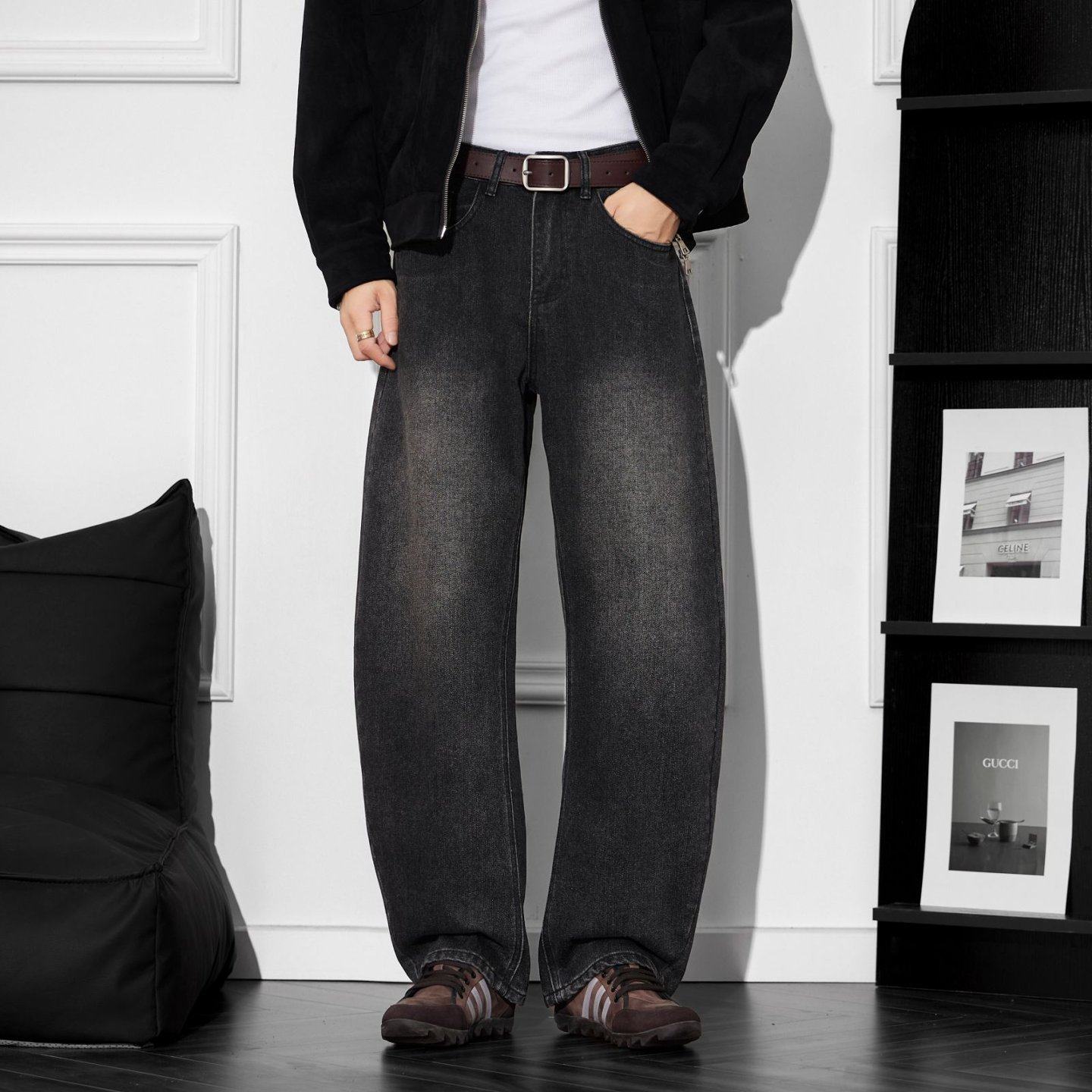 黑灰色美式水洗牛仔裤男士春秋新款超帅弯刀裤宽松垂感阔腿拖地裤,男装,牛仔裤,淘宝优惠券,粉丝福利购,淘宝优惠卷