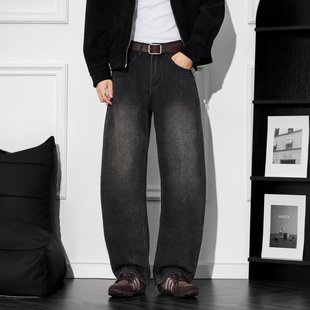 黑灰色美式水洗牛仔裤男士春秋新款超帅弯刀裤宽松垂感阔腿拖地裤