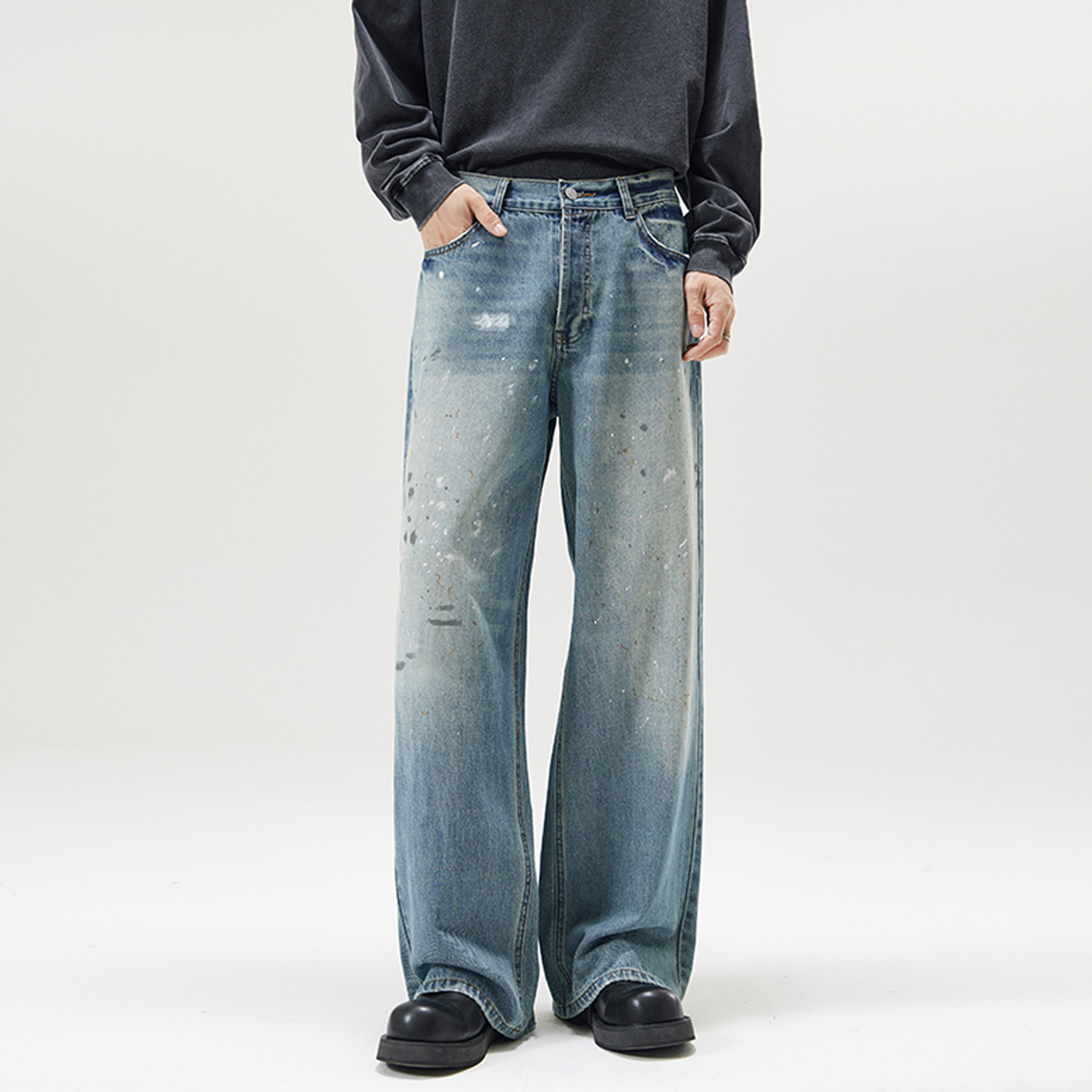 泼墨阔腿牛仔裤直筒宽松拖地裤