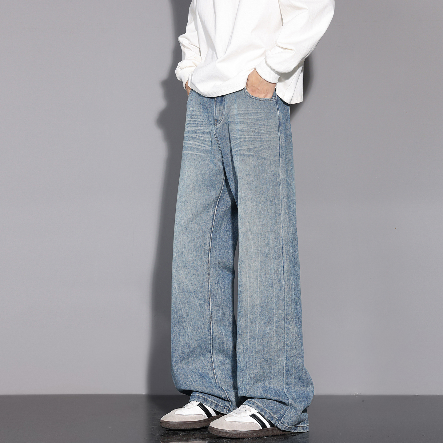 闪电纹微喇牛仔直筒宽松阔腿裤男