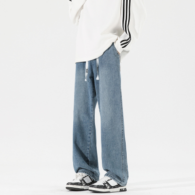 松紧腰抽绳牛仔裤高腰窄版阔腿裤