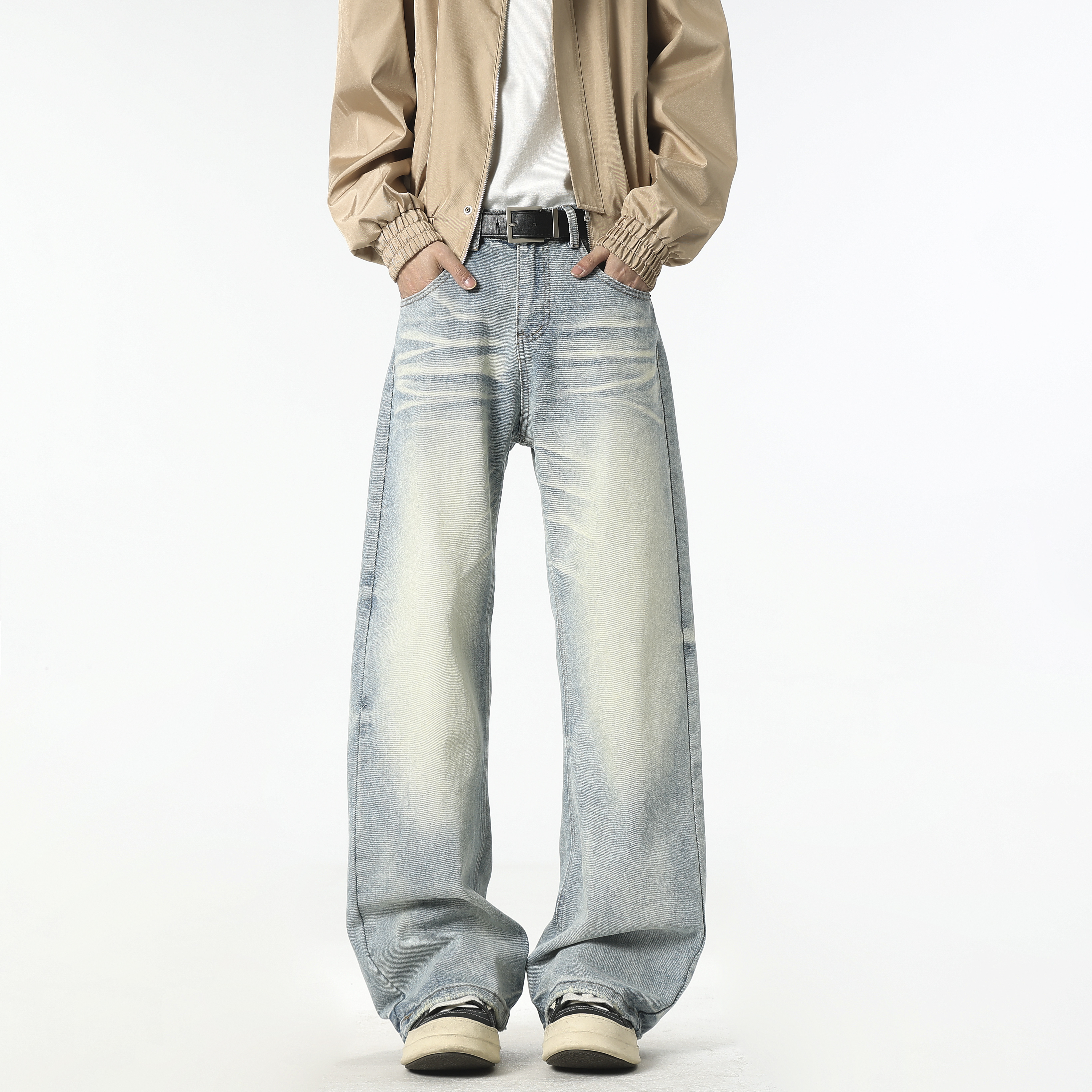 美式复古窄版直筒牛仔裤男士春秋新款高腰显瘦垂感拖地微喇阔腿裤,男装,牛仔裤,淘宝优惠券,粉丝福利购,淘宝优惠卷