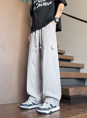 美式灰色休闲运动裤男士春夏2026新款抽绳高腰宽松阔腿窄版直筒裤