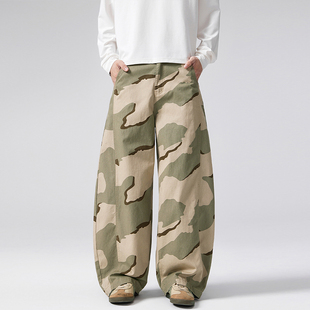 纯棉迷彩休闲裤子男士春秋新款超帅弯刀裤垂感宽松显瘦阔腿拖地裤