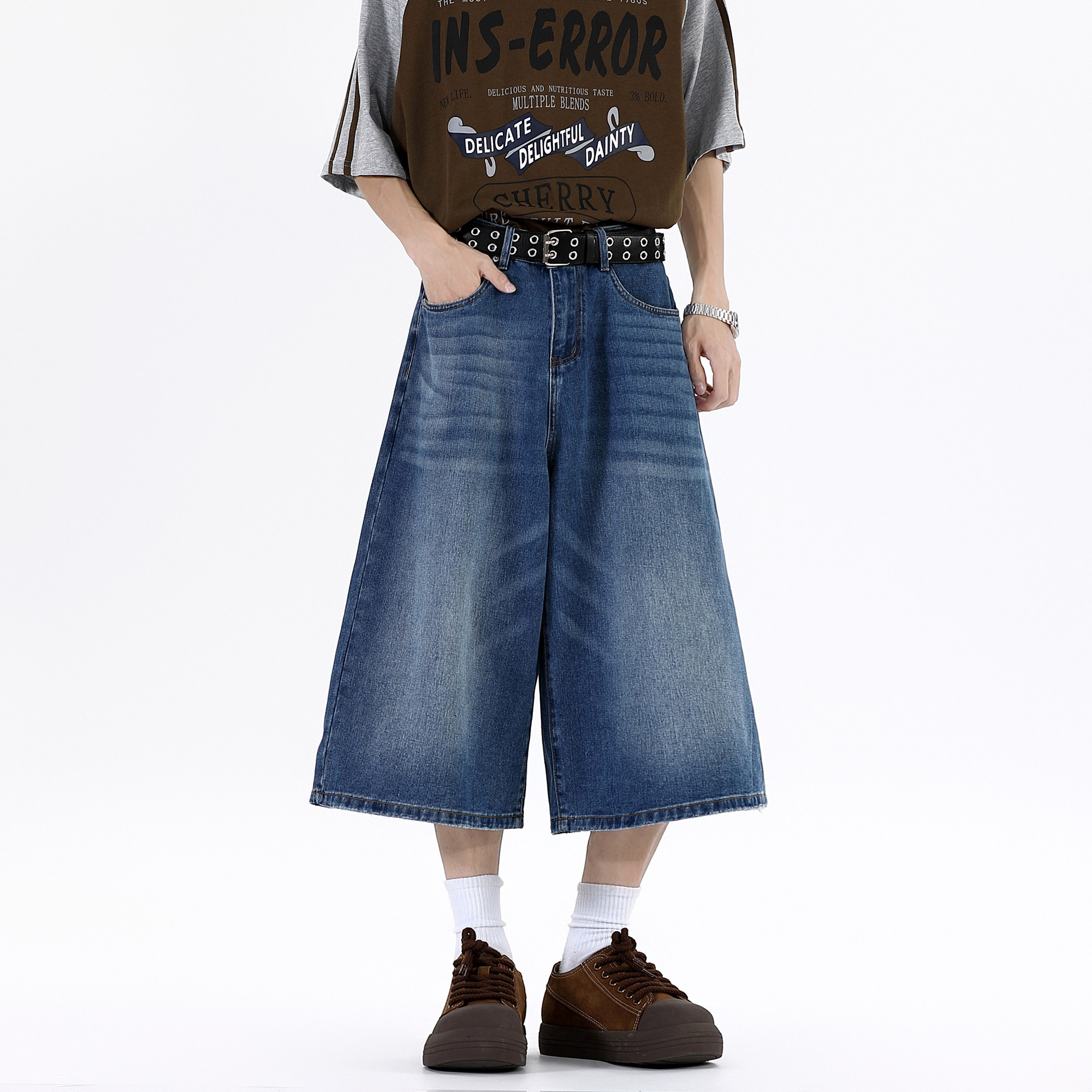 深蓝色七分牛仔裤男夏季2026年新款高腰显瘦直筒宽松阔腿7分中裤