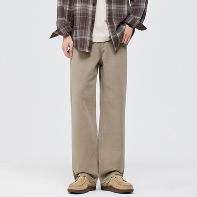 卡其色直筒牛仔裤窄版阔腿裤秋冬