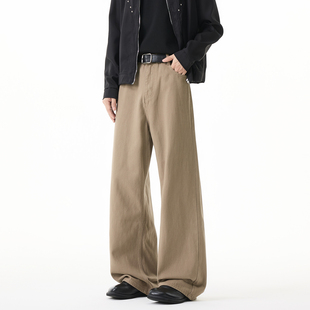 美式微喇牛仔裤男秋冬高腰阔腿裤宽松显瘦直筒卡其色cleanfit裤子