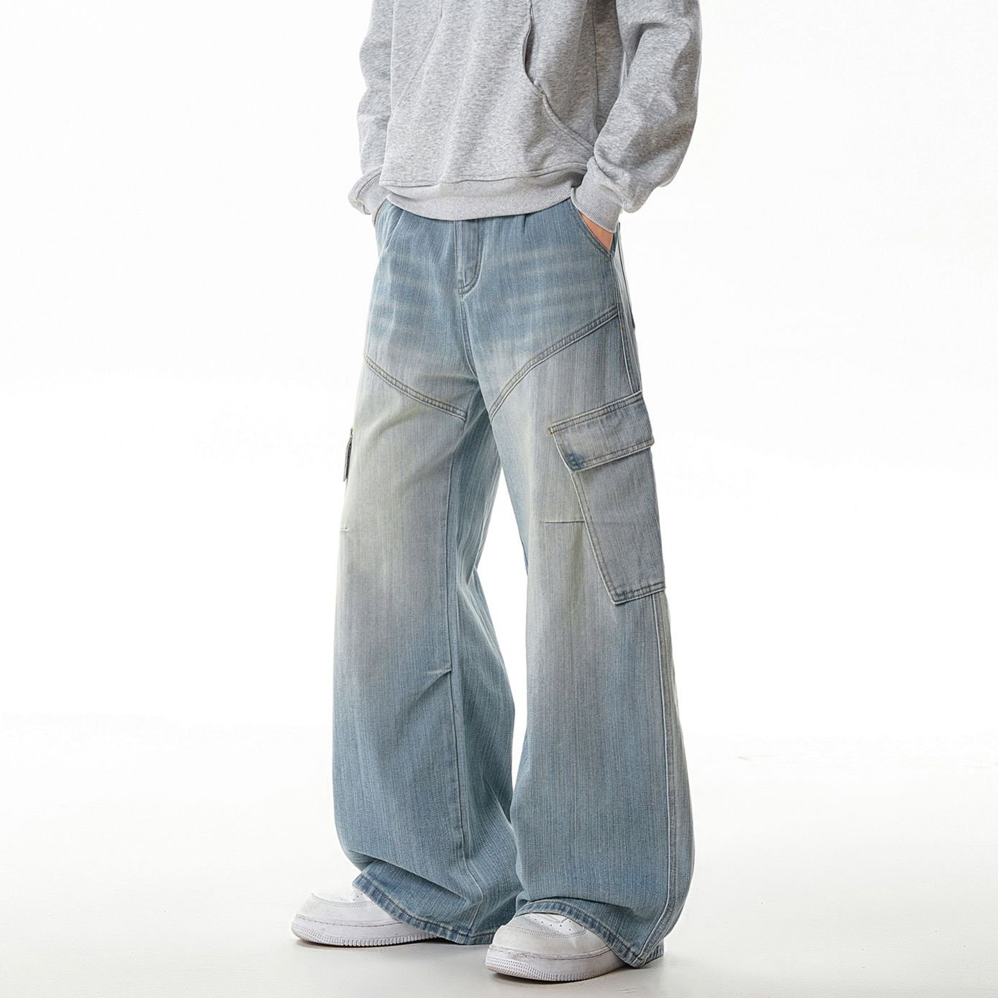复古竹节纹蓝色工装牛仔裤男春秋2026新款直筒宽松高腰阔腿拖地裤,男装,牛仔裤,淘宝优惠券,粉丝福利购,淘宝优惠卷