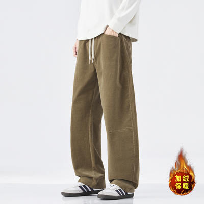 卡其色加绒加厚灯芯绒阔腿裤男款