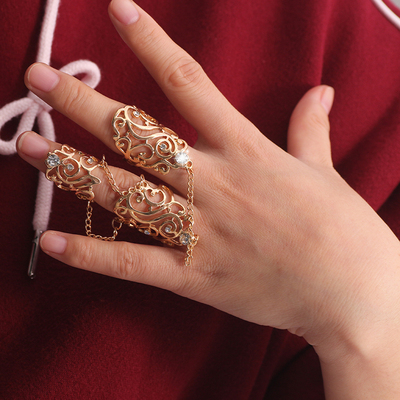 镂空镶钻花朵戒指金银闪耀长款宽