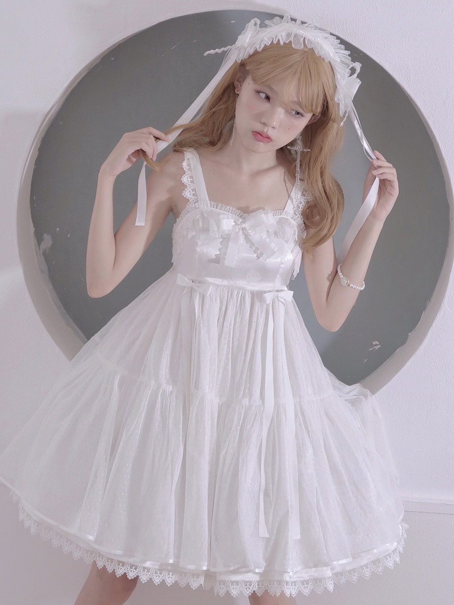 原创lolita玻璃砂糖初恋可爱轻lo蕾丝花边网纱吊带裙提花小白裙夏