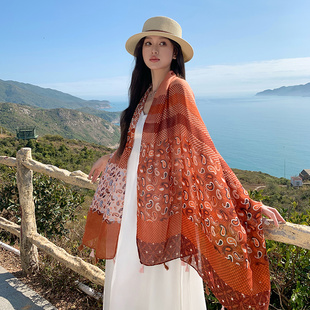 民族风几何图案流苏丝巾披肩女夏季薄款防晒旅游拍照长方形围巾