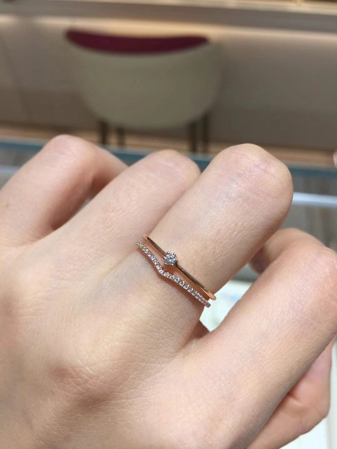 18k金钻石女戒au 750玫瑰金双层戒指恋空排戒女款叠戴戒指