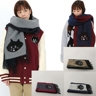 日系软妹可爱net惊讶猫头 动漫卡通提花秋冬保暖学生围巾男女情侣