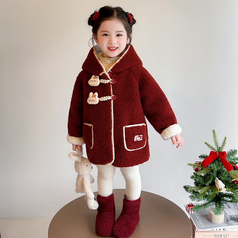 儿童加绒加厚毛毛衣外套秋冬2025新款女宝宝可爱连帽保暖冬季