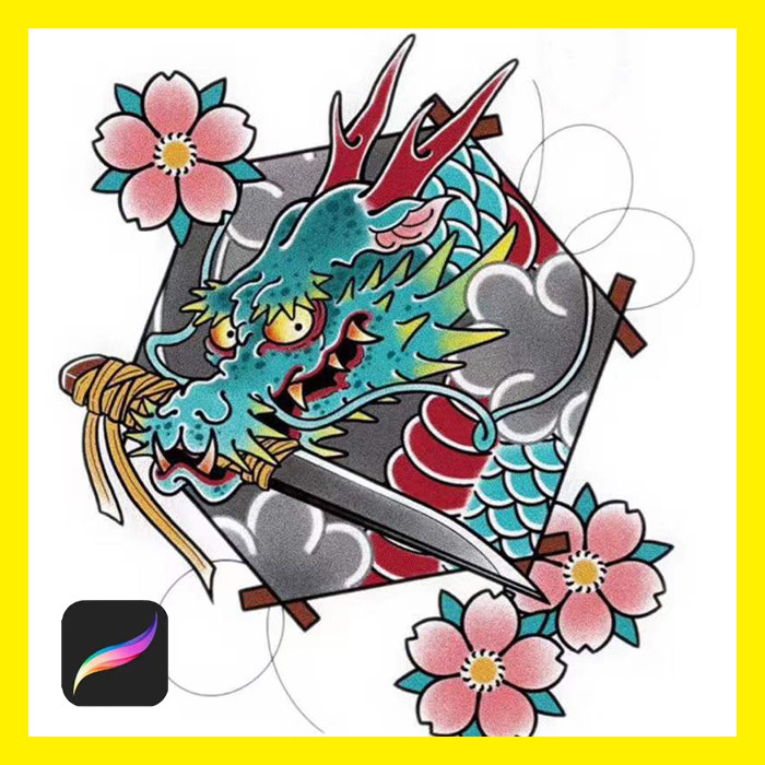 ipad procreate传统纹身泡泡云笔刷设计绘画软件刺青手稿图片素材