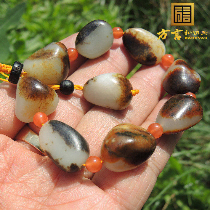方言精品和田玉无修籽料皮色手链新疆玉龙河羊脂玉手串原石链子F