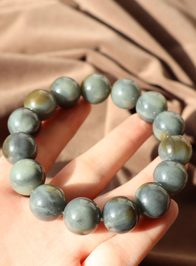 新疆青花籽料带糖沁圆珠14mm手串