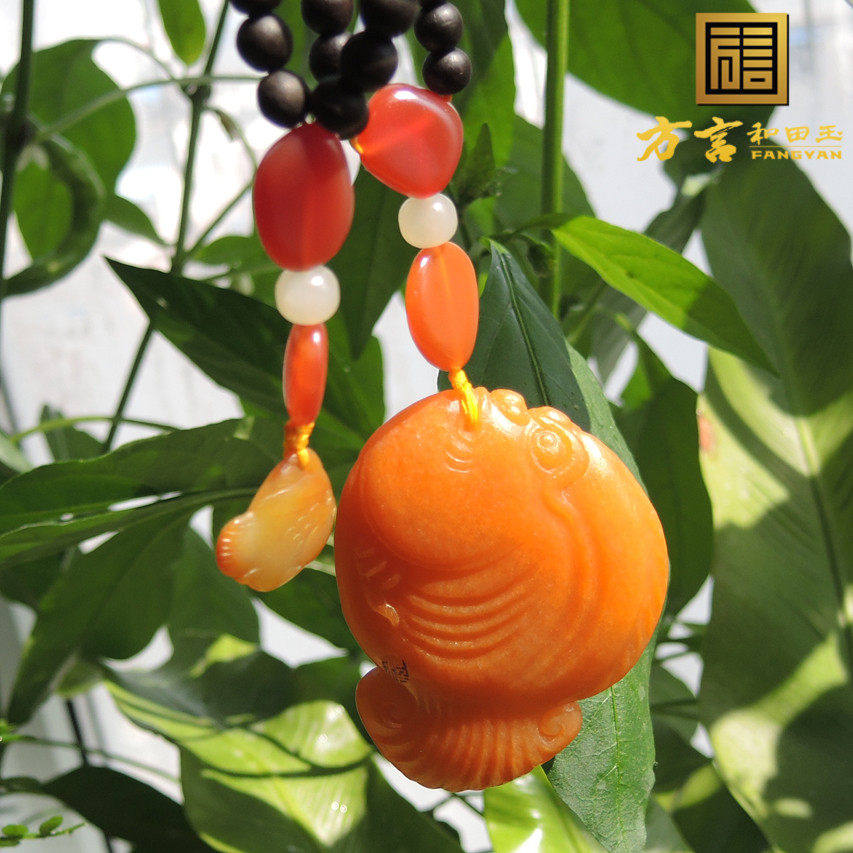 欣赏已结缘传家宝金橘黄色原生黄玉双面留皮籽料精品种鱼大吊坠R