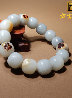 惊呆方言罕见和田玉新疆意境点墨红沁皮青花籽料卡14mm手串手链s2