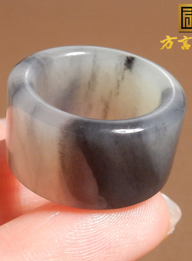 美滋滋方言和田玉精品新疆黑白分明意境青花籽料15mm戒指扳指A5