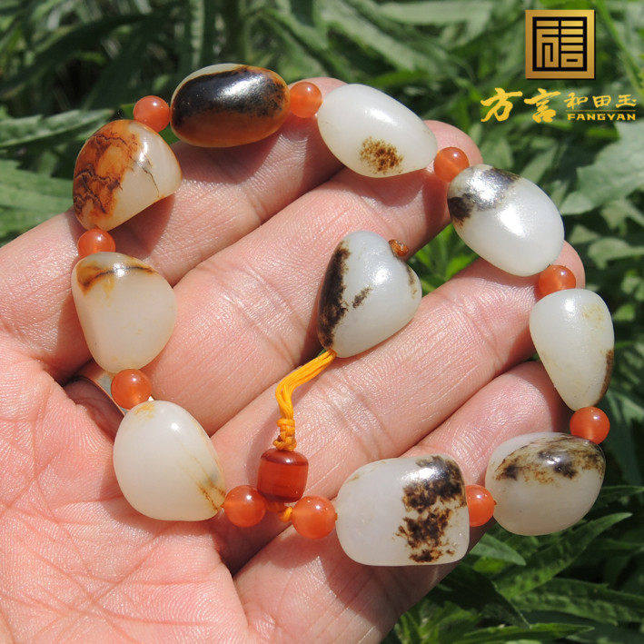 方言和田玉手串新疆玉龙河正宗无修高白羊脂玉籽料皮色精品手链F