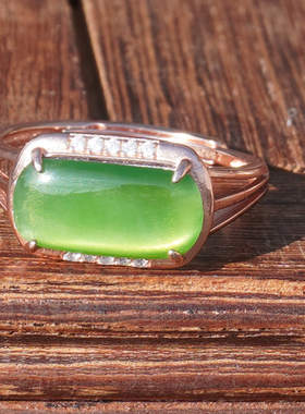 方言和田玉俄阳绿碧玉银镶玉戒指