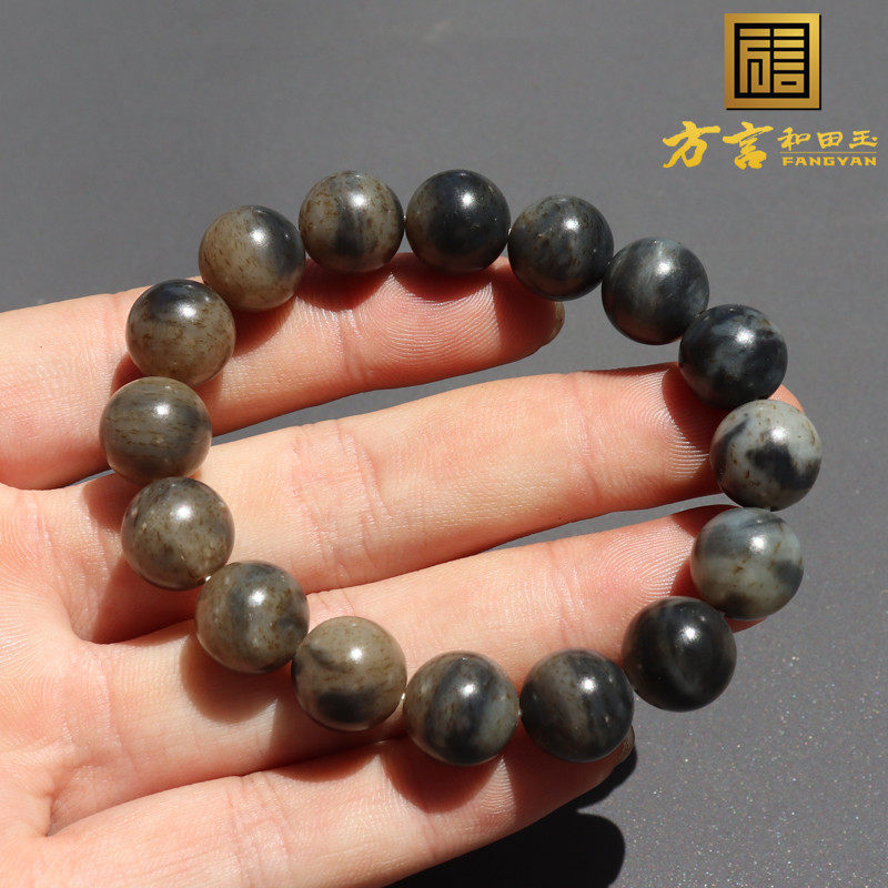 方言品牌和田玉大漠古风楼兰三色且末糖青花三彩卡12mm圆珠手串A8