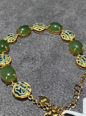 绝绝子方言和田玉老坑俄罗斯辣阳绿碧玉银镶蛋面珐琅双排手链S6