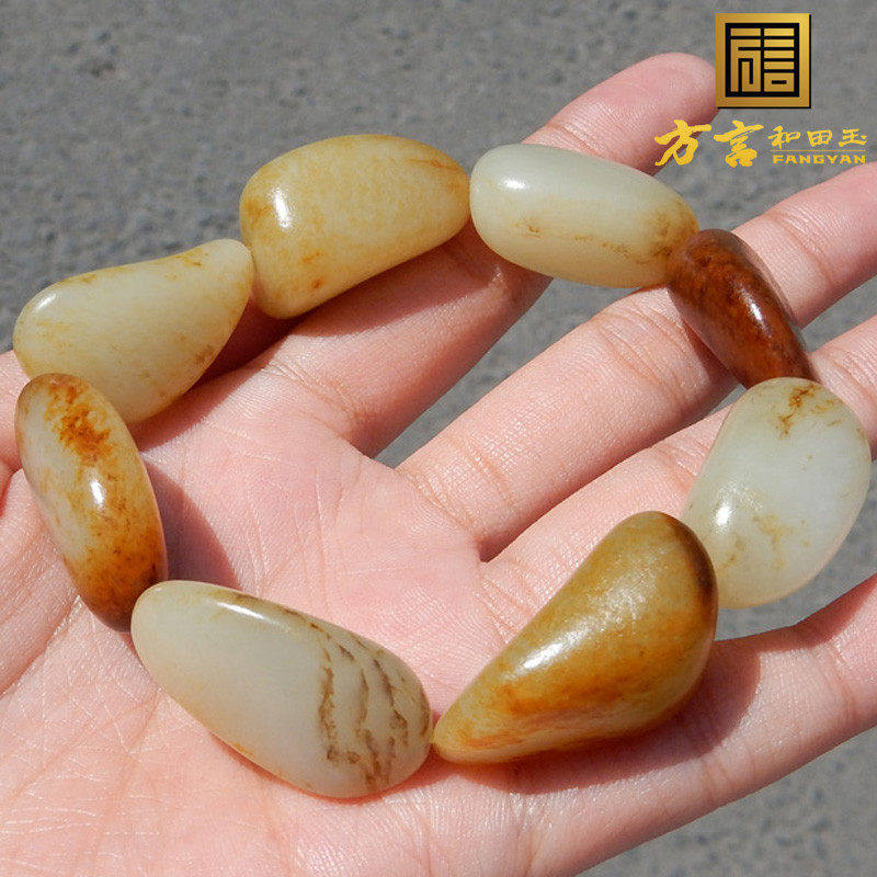 方言精品玉龙河产珍稀鹿皮金包银红沁籽料手串男质朴无修原石链F