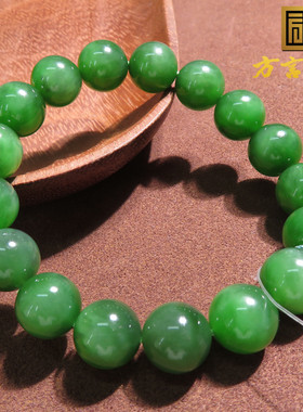 亮眼方言和田玉俄罗斯老坑料阳绿微猫眼碧玉12mm圆珠手串手链w