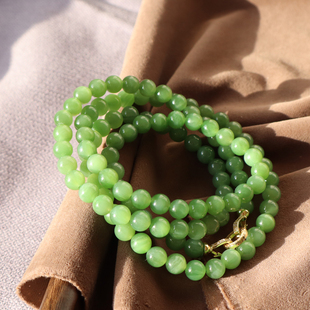 惊呆了方言和田玉俄罗斯老料碧玉果绿冰润8mm圆珠项链多圈手链A2