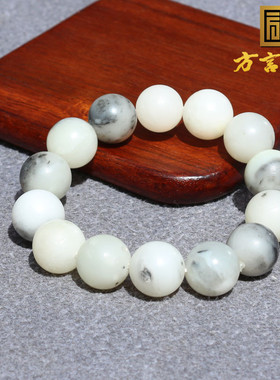 亏麻了方言和田玉新疆黑白分明意境青花籽料卡15mm圆珠手串手链O8