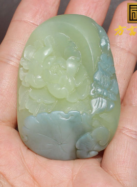 和田玉新疆黄口料蓝玉共生手把件