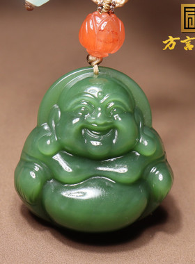 方言精品和田玉收藏级特色俄罗斯老坑料菠菜绿碧玉笑佛吊坠挂件O2