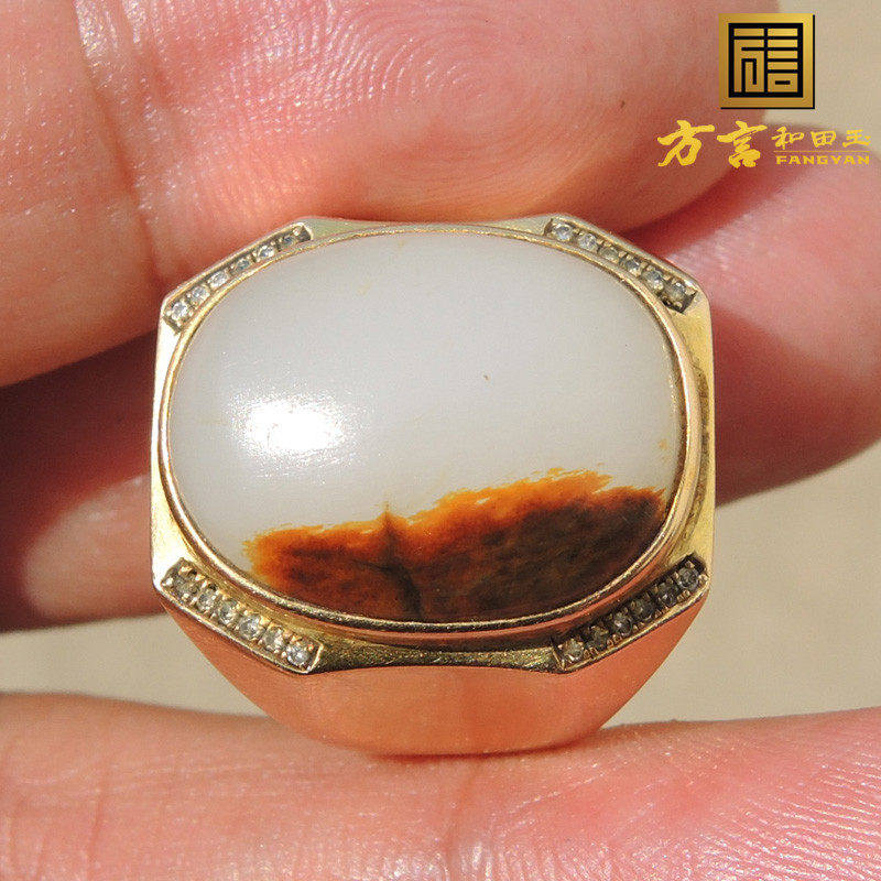 方言和田玉枣红皮无结构羊脂白玉籽料18K金镶玉真钻男式豪华戒指F