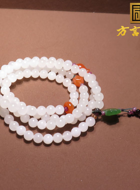 方言和田玉精品放漏青海老坑白玉设计感南红碧玉108多圈手串A2