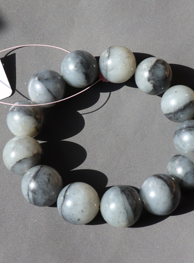 方言和田玉精品新疆黑白分明青花籽料一线天18mm大圆珠手链手串A8