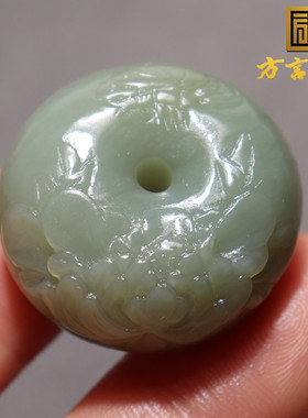 方言精品和田玉佩戴新疆且末料蓝色基调花开富贵平安扣吊坠挂件O2