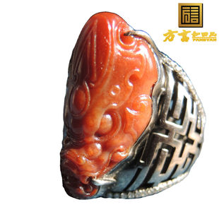 方言巨漏珍品鸽血红色红玉籽料龙头925银镶玉21精品豪华男式戒指R