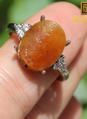 方言新疆老熟黄沁籽料银镶玉戒指