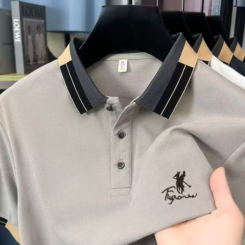 轻奢男士短袖插色POLO衫休闲简约体恤修身刺绣小马t恤翻领上衣男