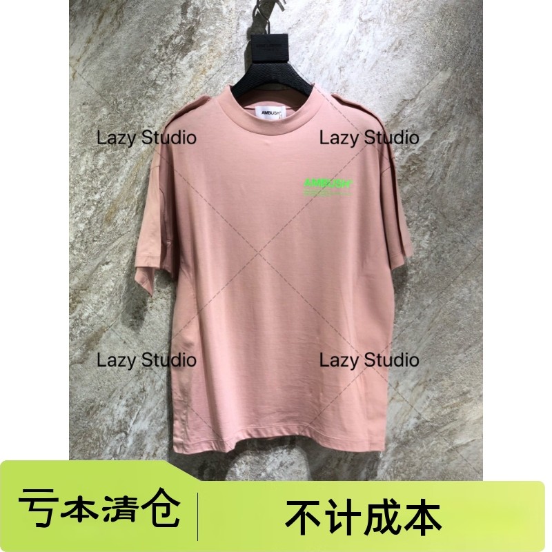 亏本清仓Ambush AMBU女款银光绿LOGO时尚脏粉色短袖T恤