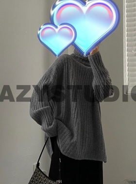 LS现货We11done 灰色高领针织男女同款宽松厚款长袖毛衣