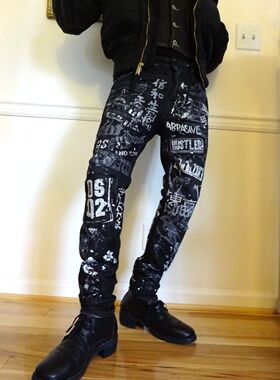 大脸猫现货Dsquared2 D二次方日文涂鸦黑色skater牛仔裤S71LB0183