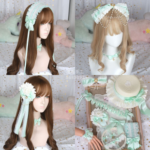 浅绿色Lolita发带洛丽塔甜美日系清新薄荷绿蕾丝蝴蝶结头饰KC边夹