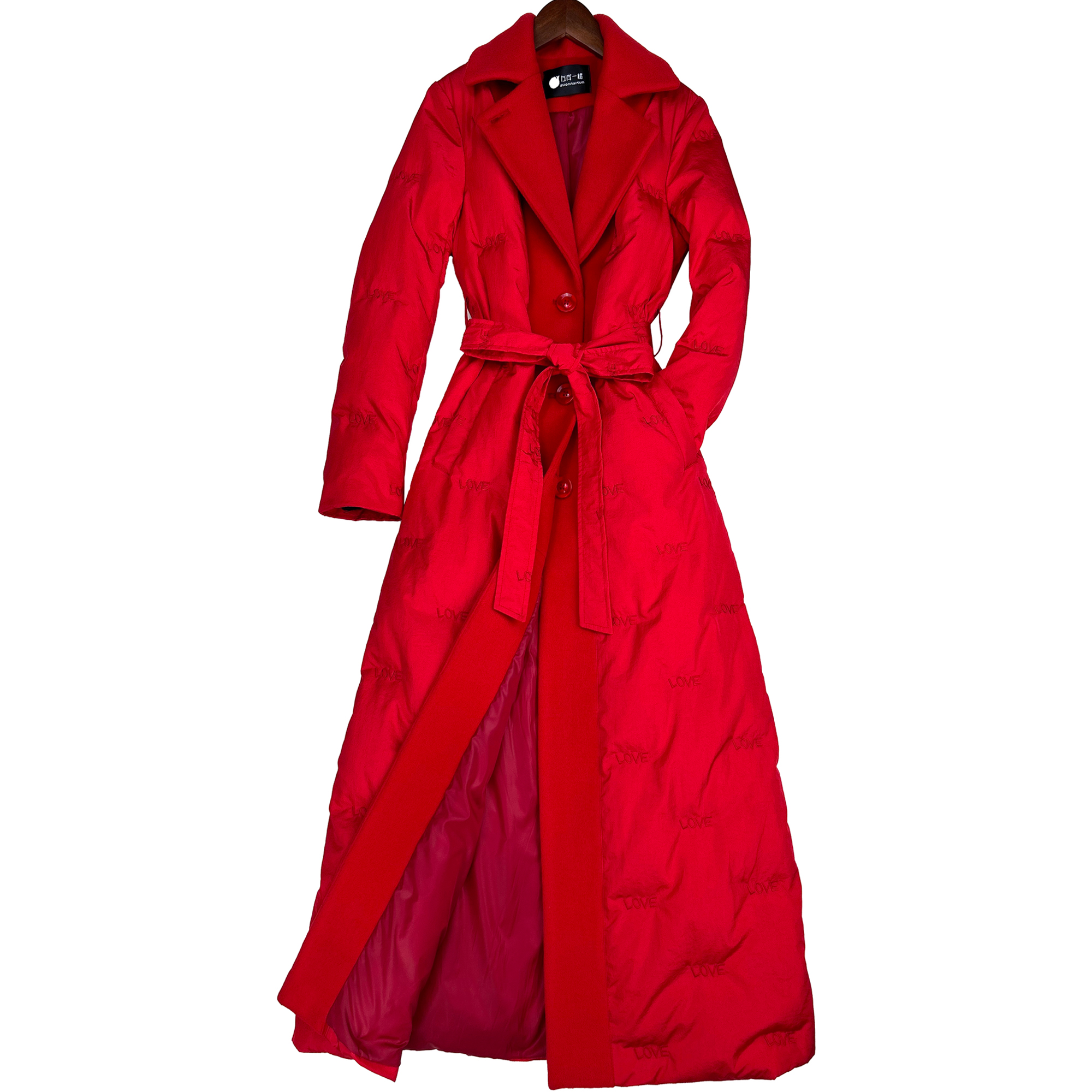 时尚拼接红色羽绒服女棉袄